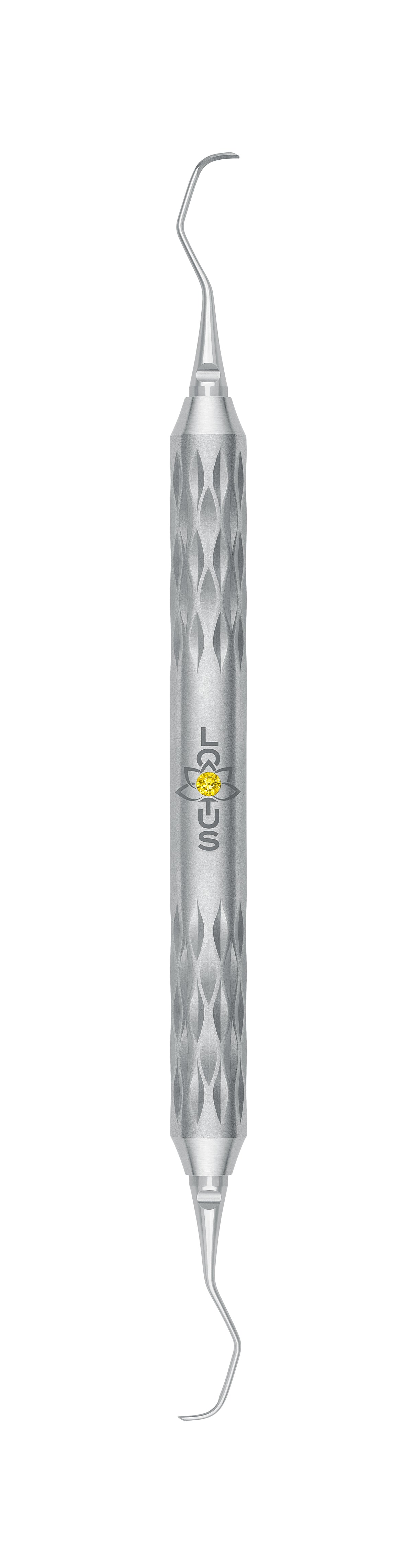 LOTUS Gracey Curette 3/4 Yellow Crystal by Helmut Zepf, double-ended dental instrument with ergonomic diamond-pattern handle