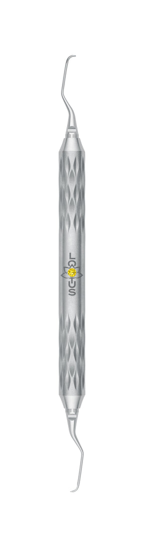 LOTUS Gracey Curette 5/6 M5 Deep Scaling Yellow Crystal dental instrument with diamond-pattern handle by Helmut Zepf