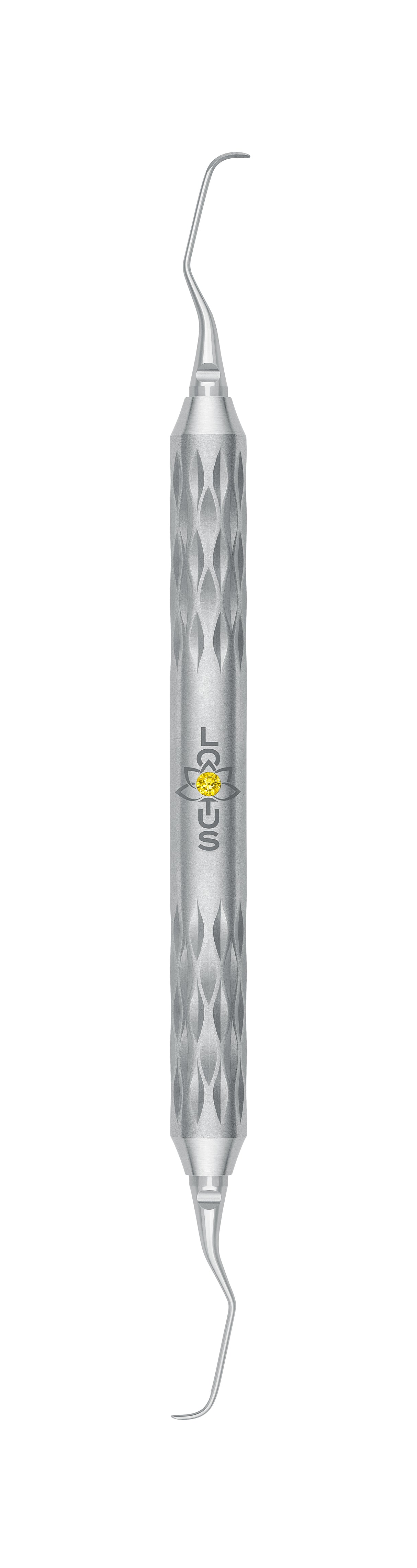 LOTUS Gracey Curette 5/6 Yellow Crystal dental instrument by Helmut Zepf with ergonomic handle for anterior teeth scaling