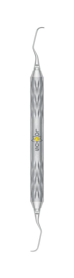 LOTUS Gracey Curette 5/6 Yellow Crystal dental instrument by Helmut Zepf with ergonomic handle for anterior teeth scaling