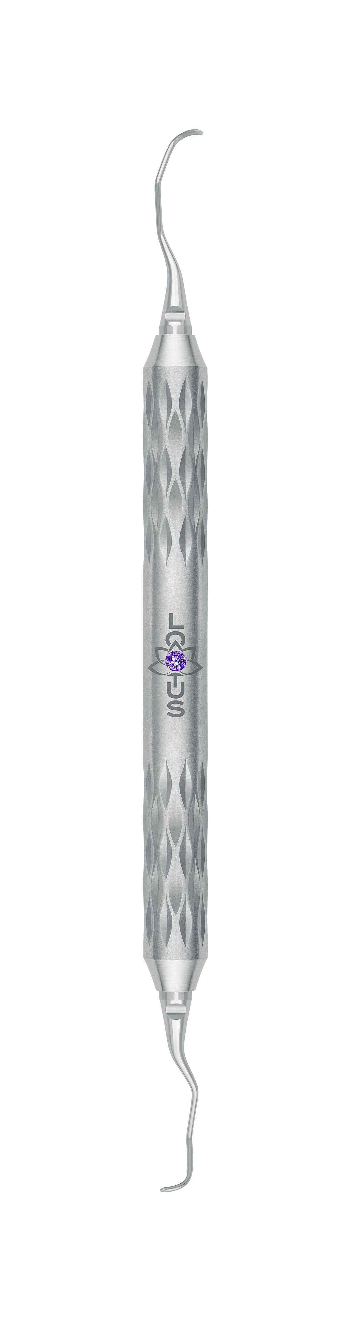 LOTUS Gracey Curette 15/16 Purple Crystal by Helmut Zepf, anterior teeth scaling tool with ergonomic diamond-pattern handle