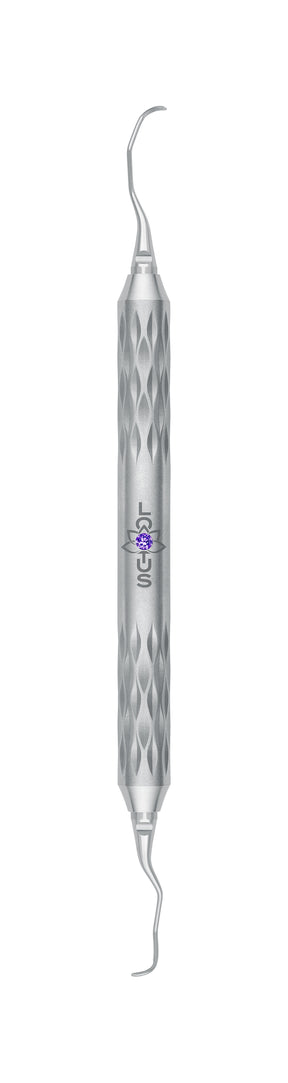 LOTUS Gracey Curette 15/16 Purple Crystal by Helmut Zepf, anterior teeth scaling tool with ergonomic diamond-pattern handle