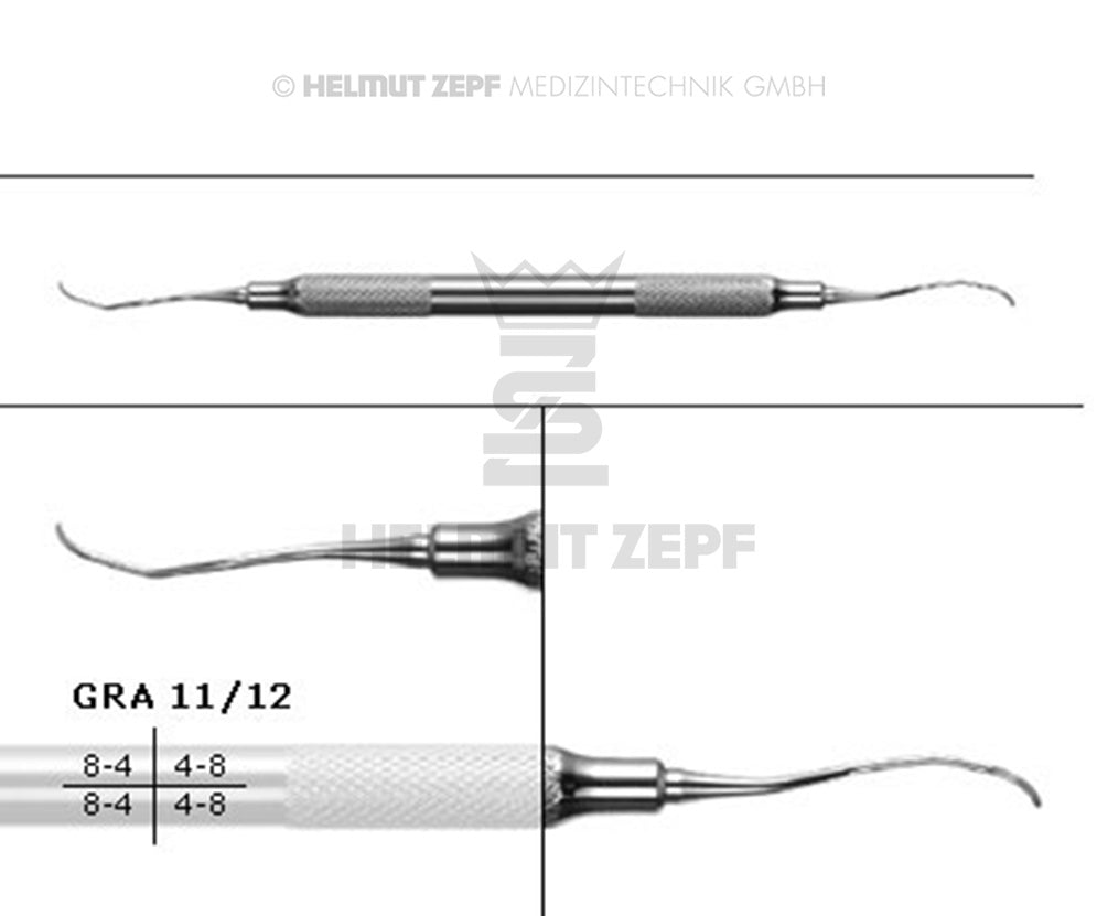 Gracey Curette GRA 11/12 for Mesial Premolars & Molars, Hollow Stainless Steel Handle - Helmut Zepf 24.551.11