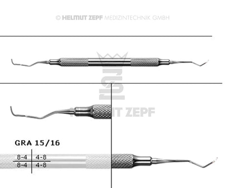 Helmut Zepf Gracey Curette GRA 15/16 for premolars and molars, hollow stainless steel handle, mesial surface access