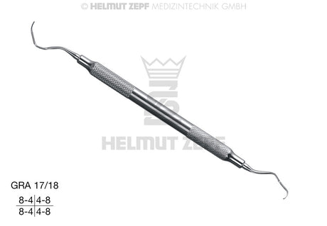 Gracey Curette GRA 17/18 by Helmut Zepf, triple-skewed for distal premolar/molar surfaces, hollow stainless steel handle