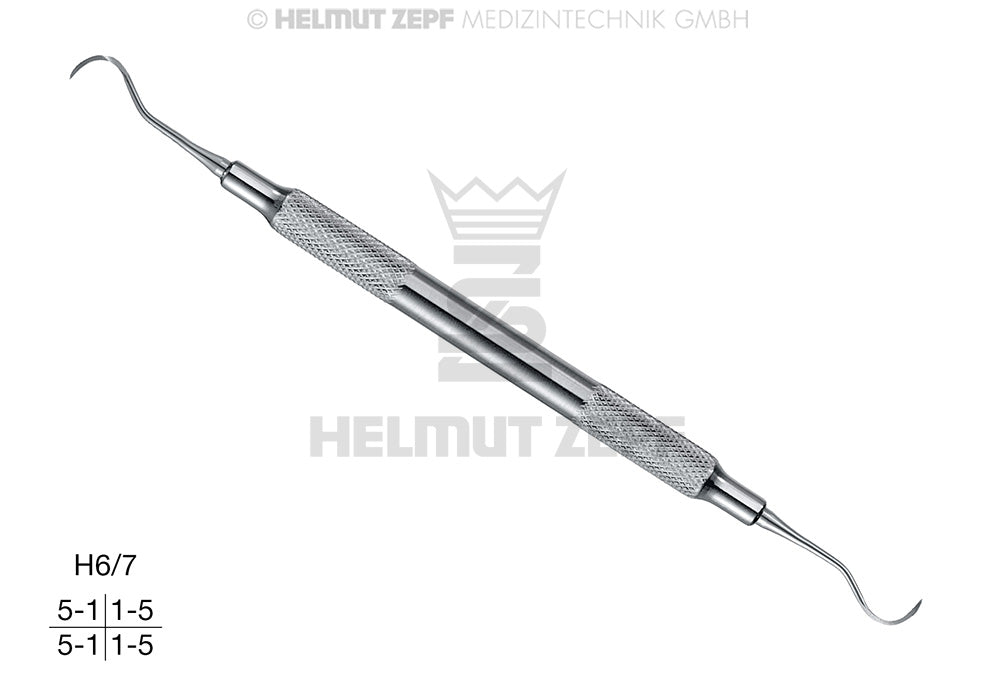 Anterior Sickle Scaler H6/7 by Helmut Zepf with opposed tips for mesial and distal surfaces, hollow stainless steel handle