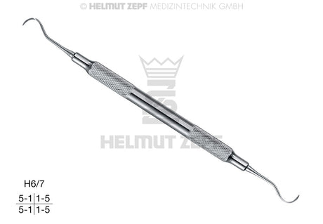 Anterior Sickle Scaler H6/7 by Helmut Zepf with opposed tips for mesial and distal surfaces, hollow stainless steel handle
