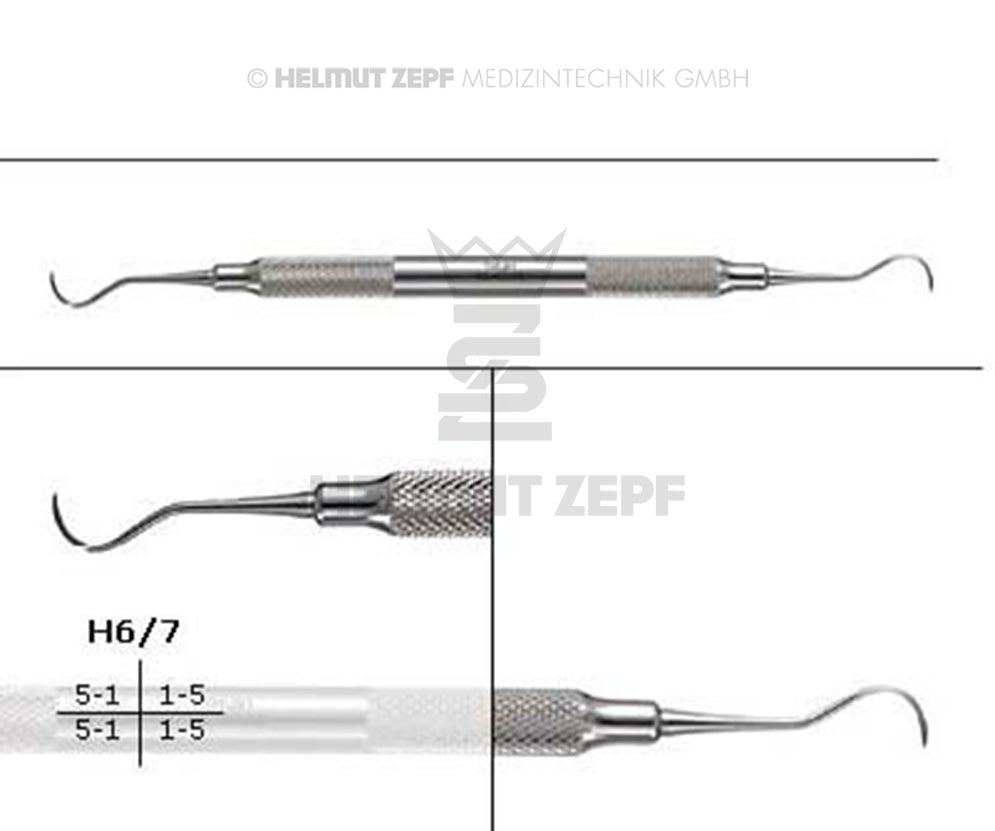 Anterior Sickle Scaler H6/7 by Helmut Zepf with opposed tips for mesial and distal surfaces, hollow stainless steel handle