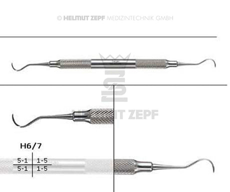 Anterior Sickle Scaler H6/7 by Helmut Zepf with opposed tips for mesial and distal surfaces, hollow stainless steel handle