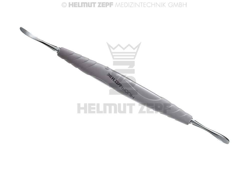 Curette raspatory endodontic instrument 3.4/4.6mm double-ended fine tips grey ZEPF-bIONIK handle Helmut Zepf No.24.725.58