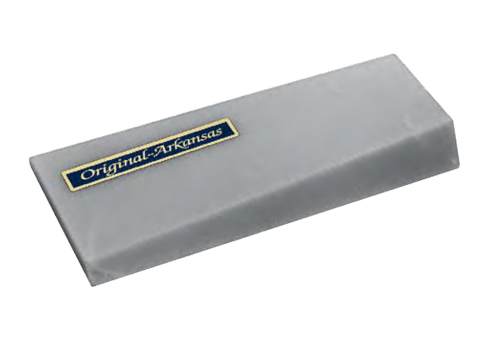 Original Arkansas sharpening stone with a sleek design and logo, dimensions 115 mm x 40 mm x 10-2 mm.