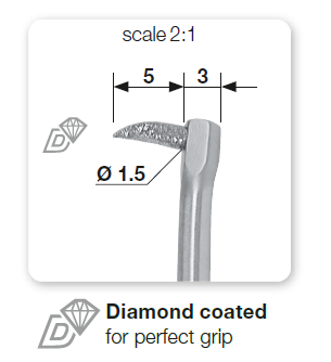Wisdom Hook Dental Extraction Instrument diamond coated tip diagram, scale 2:1, Helmut Zepf No. 41.519.00