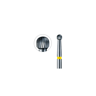 carbide round fine finishing dental bur with yellow ring, ISO 500 314 001 041 018, for crown preparation and filling treatment