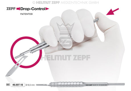 ZEPF Drop-Control Scalpel Blade Holder 46.007.18 with one-hand ejection function, patented safe blade removal surgical handle