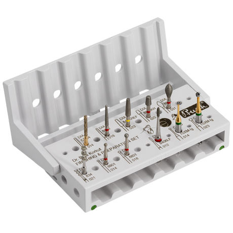 Dental Bur Finishing & Preparation Set by Dr. Bora Korkut | Busch Mfg. No. 5431 in Busch STERI-SAFE Wave bur block