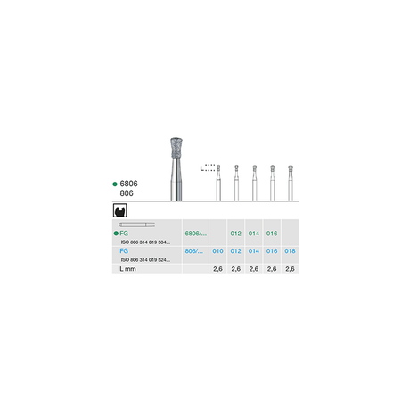 6806 016 diamond inverted cone dental bur coarse grit for cavity preparation, ISO 806 314 019 534 016, pack of 6