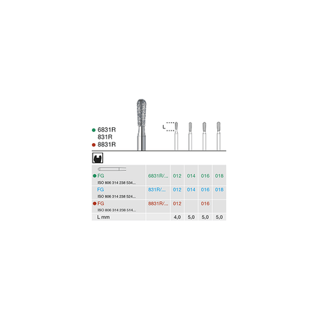6831R 014 FG diamond coarse dental bur pear shape, ISO 806 314 238 534 014, Green Ring, Cavity Preparation