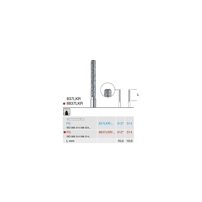 837LKR 012 FG diamond cylinder dental bur medium grit for crown preparation, ISO 806 314 586 524 012
