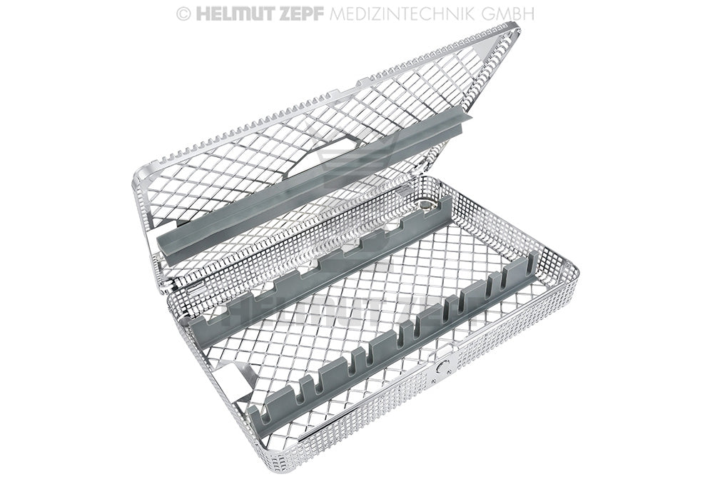 Helmut Zepf dental extraction forceps sterilization tray with lid, stainless steel washbasket system for secure instrument sterilization