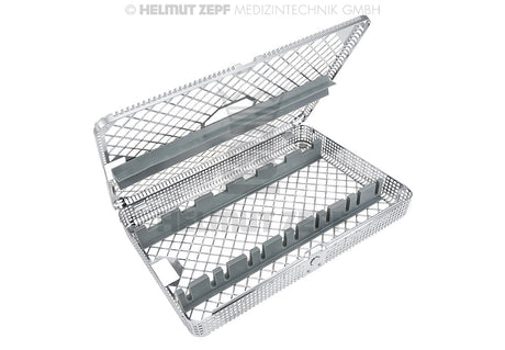 Helmut Zepf dental extraction forceps sterilization tray with lid, stainless steel washbasket system for secure instrument sterilization