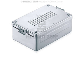 Aluminum Sterilization Box with perforated cover and bottom, grey finish, 310x190x80mm, Helmut Zepf No. 85.327.15