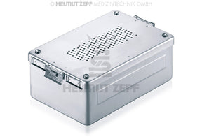 Aluminum Sterilization Box 310x190x100mm Perforated Bottom Cover with 2 Textile Permanent Filters Grey