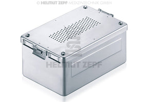 Aluminum Sterilization Box 310x190x130mm Perforated Bottom Cover with 2 Textile Permanent Filters Grey