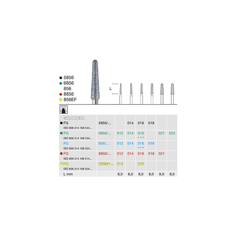 Coarse diamond dental bur cone round 6856 023 FG, green ring, ISO 806 314 198 534 023, crown preparation pack of 6