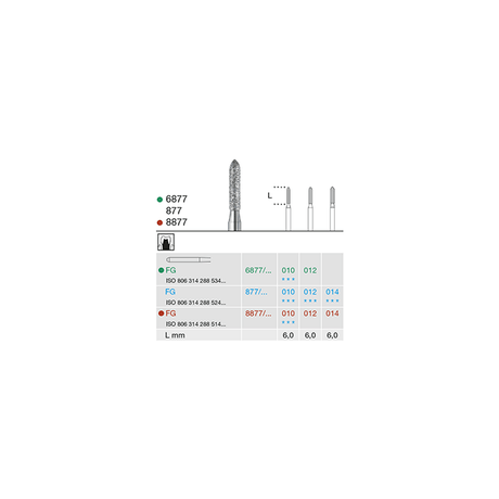 6877 010 FG coarse grit diamond torpedo dental bur for crown preparation, green ring, ISO 806 314 288 534 010
