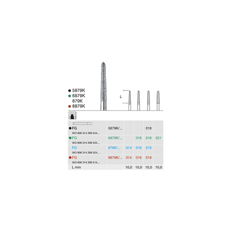 6879K 016 coarse diamond torpedo conical dental bur FG, ISO 806 314 299 534 016, Crown Preparation, Green Ring, Pack of 6