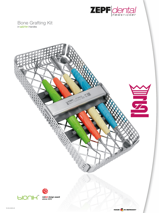 Helmut Zepf Brochure - Bone Grafting Kit with colorful handled instruments in sterilization tray by ZEPF Dental