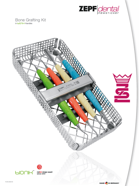 Helmut Zepf Brochure - Bone Grafting Kit with colorful handled instruments in sterilization tray by ZEPF Dental
