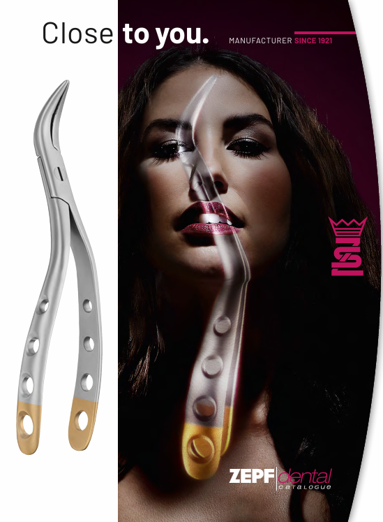 Helmut Zepf Catalog featuring dental instruments and ZEPFdental catalogue cover with professional close-up portrait