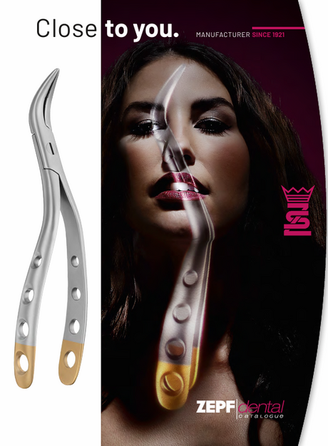 Helmut Zepf Catalog featuring dental instruments and ZEPFdental catalogue cover with professional close-up portrait