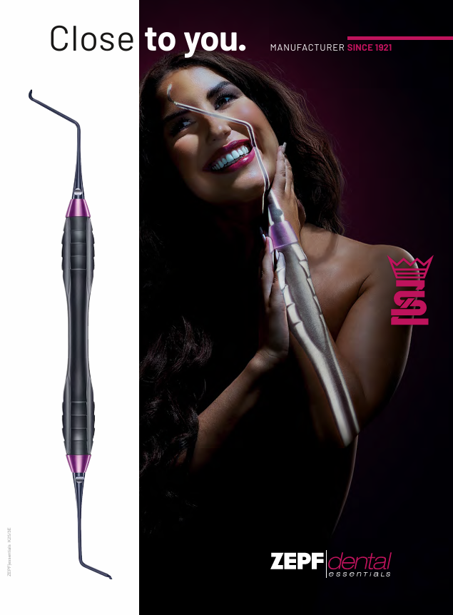 Helmut Zep Catalog - Zepf Dental Essentials dental instrument ad featuring a scaler tool and woman, manufacturer since 1921