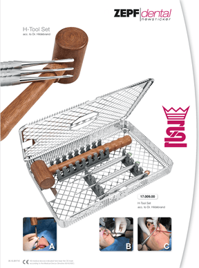 Helmut Zepf Brochure H-Tool Set by Zepf Dental featuring surgical instruments in sterilization tray
