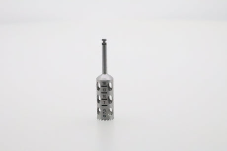 Helmut Zepf 08.910.09 dental trephine inside diameter 7.0 mm - upright view showing 17 cutting teeth and depth graduation
