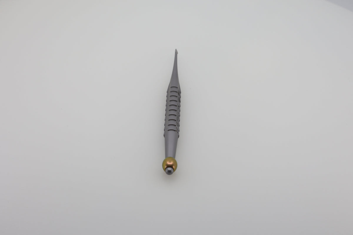 Helmut Zepf 17.007.05 X-Desmo-Tool root tip elevator luxator, straight 4.0 mm, yellow ID ball - standing view