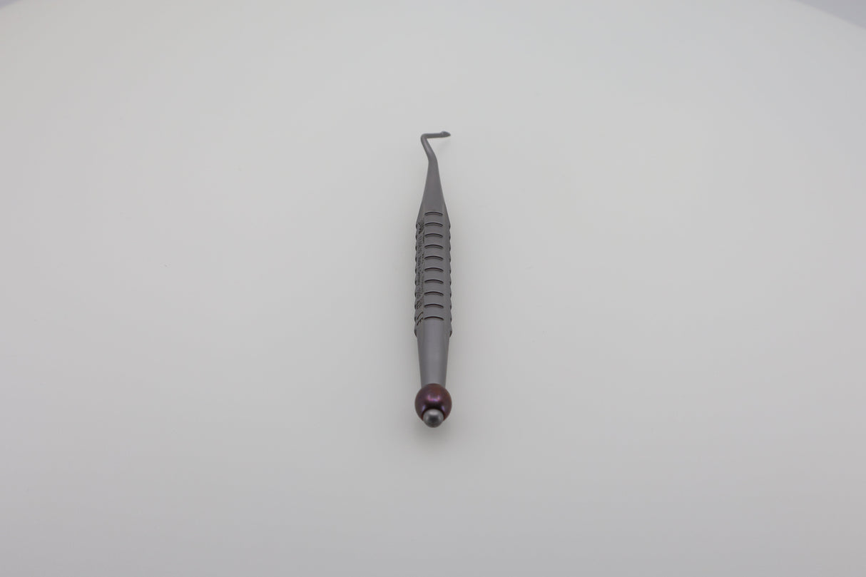 Helmut Zepf 17.068.10 angled root tip pick elevator, X-Tool handle, purple ID ball - standing view