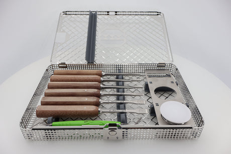 IDR Kit Osteotome Set 41.550.00 in sterilization cassette, open top view