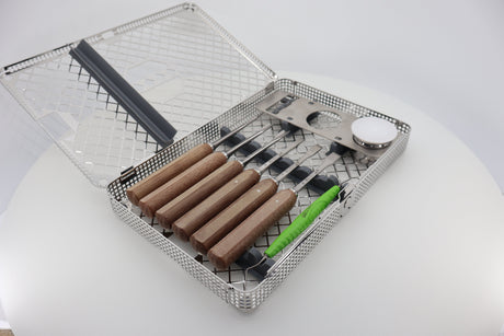 IDR Kit Osteotome Set 41.550.00 in sterilization cassette, angled view