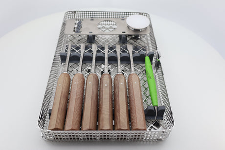IDR Kit Osteotome Set 41.550.00 instruments in tray, angled view
