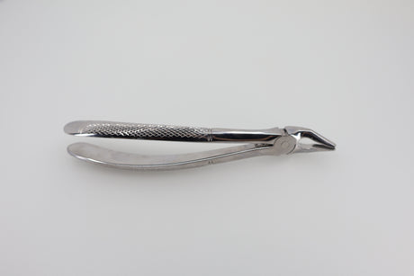 Helmut Zepf #7 upper premolar extraction forceps, side view of serrated handle