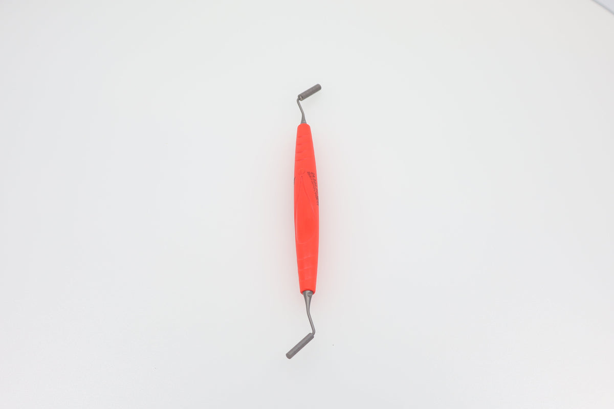 Combination Instrument Bone Filler/Condenser with Depth Measurement - Diameter 3.0 and 4.0 mm, Graduation 3/6/9/12/15 mm, Titanium M4 X 0.5 Inserts, ZEPF-bIONIK QuickFix Handle in Lightred-Magenta | Helmut Zepf No. 24.532.20