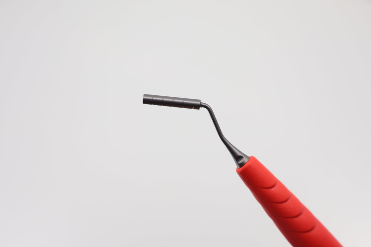 Combination Instrument Bone Filler/Condenser with Depth Measurement - Diameter 3.0 and 4.0 mm, Graduation 3/6/9/12/15 mm, Titanium M4 X 0.5 Inserts, ZEPF-bIONIK QuickFix Handle in Lightred-Magenta | Helmut Zepf No. 24.532.20