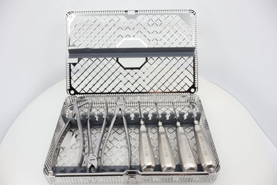 Dr. Rasner's Basic Surgical Extraction Kit - Xcision extraction forceps and root elevators in washbasket