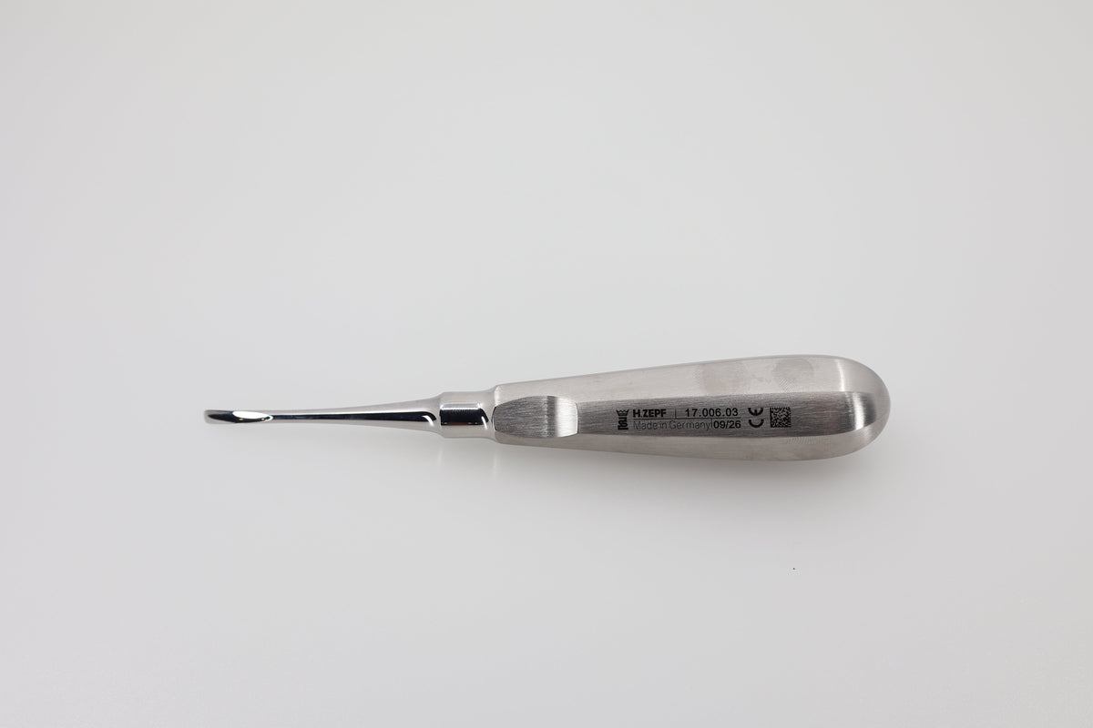 Root Elevator for Axial Luxation 3 mm, Curved, #3 Standard Handle with Thumb Rest | Helmut Zepf No. 17.006.03