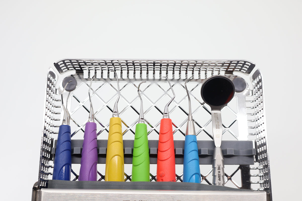 ZEPF Washtray 1/2 instrument retainer with color-coded bIONIK instruments - close-up