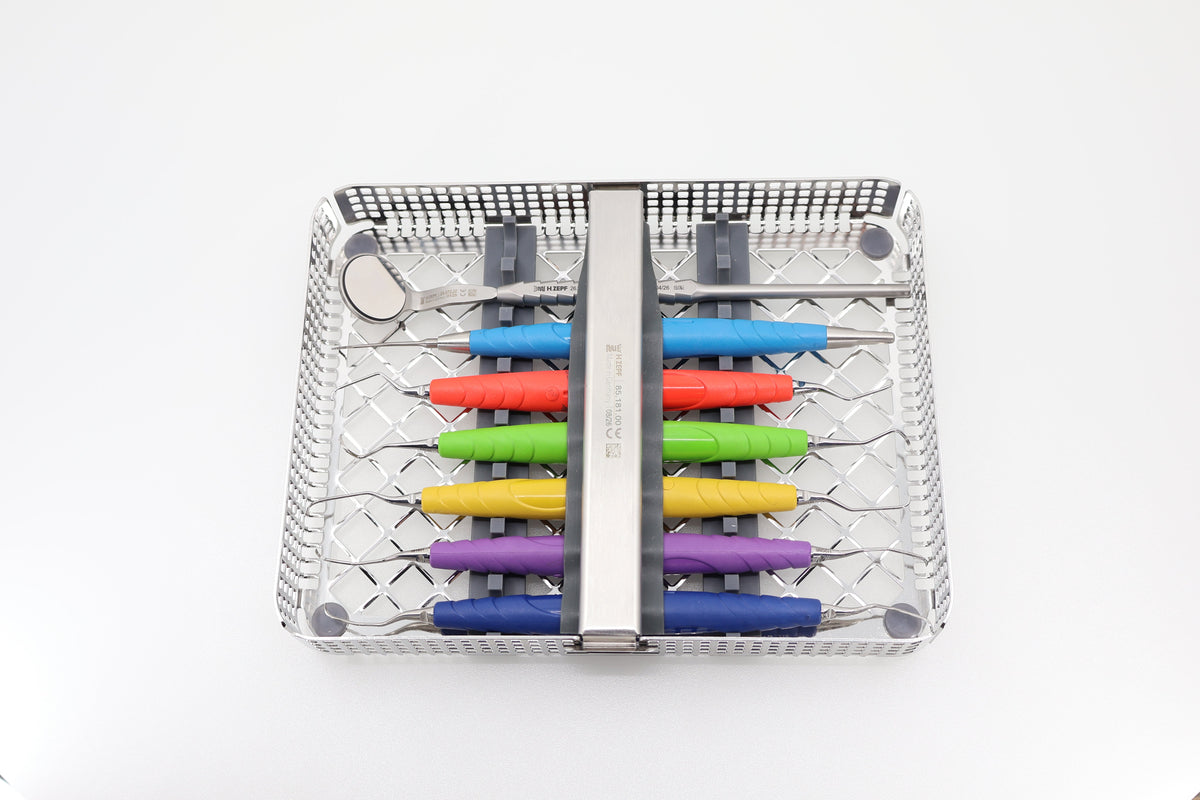 ZEPF Washtray 1/2 (85.181.00) holding 6 bIONIK hygiene instruments and a mouth mirror - top view