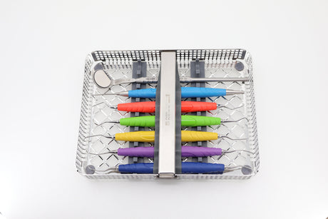ZEPF Washtray 1/2 (85.181.00) holding 6 bIONIK hygiene instruments and a mouth mirror - top view